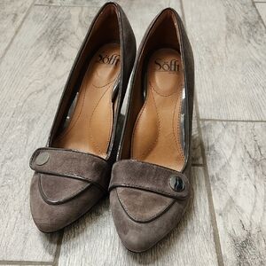 Sofft Taupe Suede Heels with Strap Detail